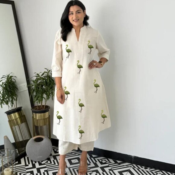 PURE KHADI COTTON ALINE KURTA With PLAZZO - Picture 2 of 16